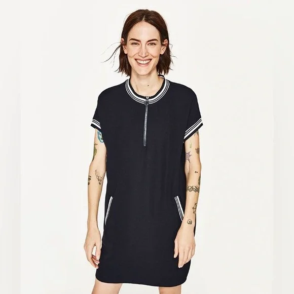 Zara Navy Short Sleeve Dress with White Trim - Picture 3 of 10